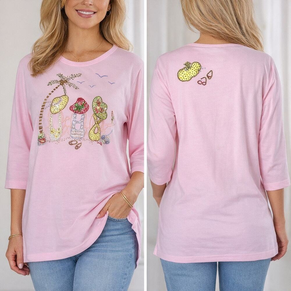 The Quacker Factory Pink Beach Beaded Flip Flop Tunic Top M QVC Coastal BFF